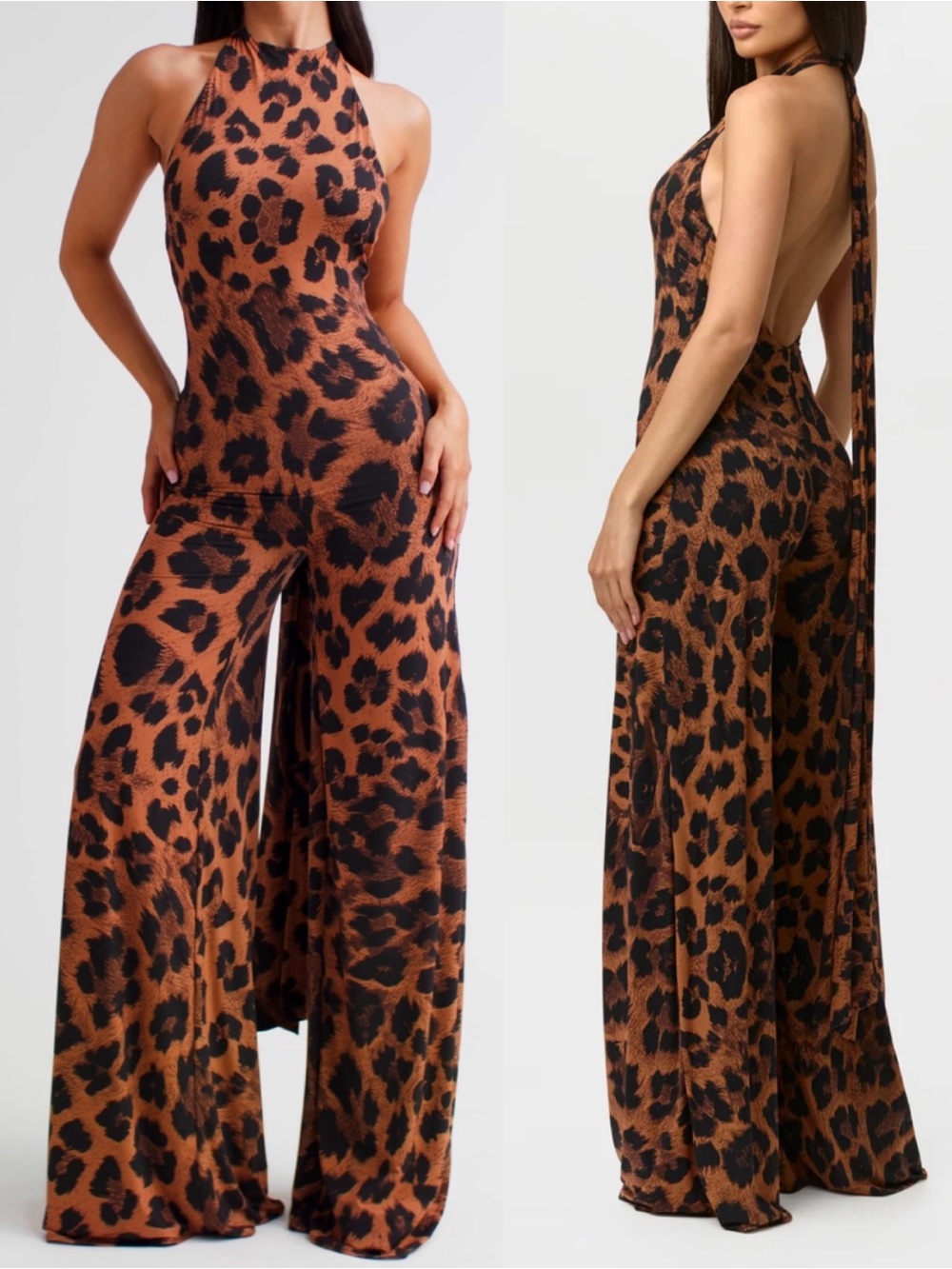 Naked Wardrobe Leopard Print Halter Wide Leg Jumpsuit